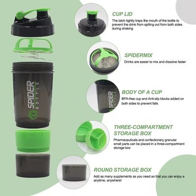 Leak Proof 16oz Fitness GYM Sports Protein Mixes Shaker Bottle with Two Extra Compartments