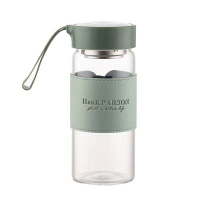 480ml Custom Borosilicate Glass Water Bottle with Leather Sleeve and Tea Infuser