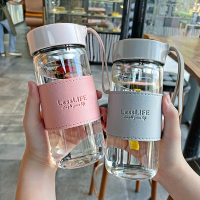 480ml Custom Borosilicate Glass Water Bottle with Leather Sleeve and Tea Infuser