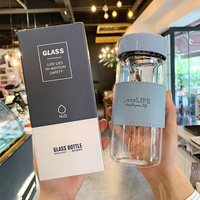 480ml Custom Borosilicate Glass Water Bottle with Leather Sleeve and Tea Infuser