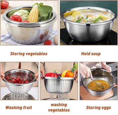 Customized Logo Versatile Kitchen Strainer 304 Stainless Steel Microporous Colander Rice Washing Bowl Set 550g