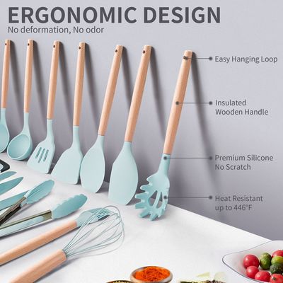 Wooden Handle 19-Piece Silicone Kitchen Utensil Set with Cutting Board Storage Bucket