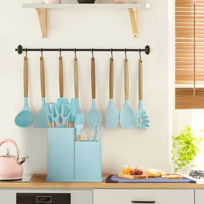 Wooden Handle 19-Piece Silicone Kitchen Utensil Set with Cutting Board Storage Bucket