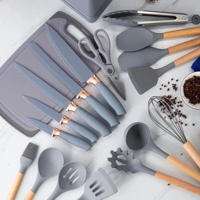 Wooden Handle 19-Piece Silicone Kitchen Utensil Set with Cutting Board Storage Bucket