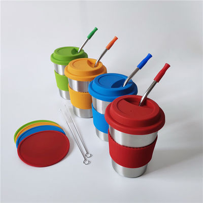1 Piece 12oz Kids Stainless Steel Milk Mugs with Colorful Silicone Lids and Straws