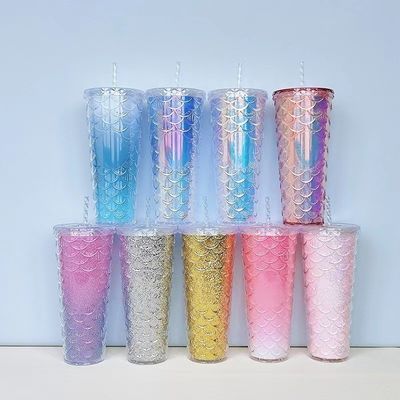Water Flowing Method Creative Straw Mug Plastic Double Layer Flash Pink Fish Scale Cups