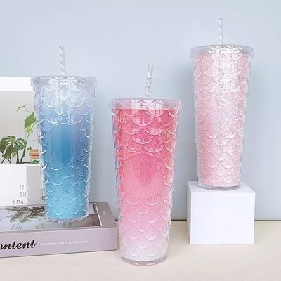 Water Flowing Method Creative Straw Mug Plastic Double Layer Flash Pink Fish Scale Cups
