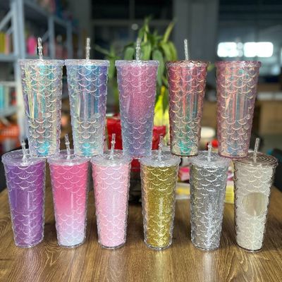 Water Flowing Method Creative Straw Mug Plastic Double Layer Flash Pink Fish Scale Cups