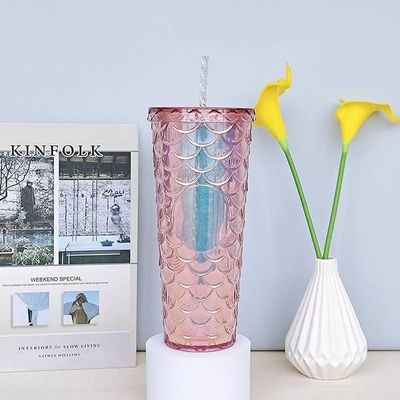 Water Flowing Method Creative Straw Mug Plastic Double Layer Flash Pink Fish Scale Cups