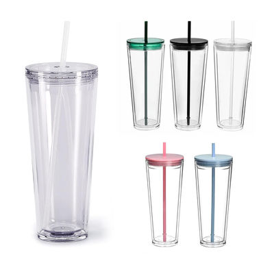 Reusable Clear Cups 24oz Insulated Double Wall Plastic Tumbler with Lid and Straw
