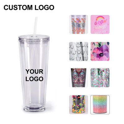 Reusable Clear Cups 24oz Insulated Double Wall Plastic Tumbler with Lid and Straw