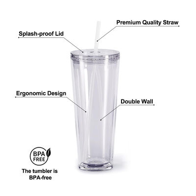Reusable Clear Cups 24oz Insulated Double Wall Plastic Tumbler with Lid and Straw
