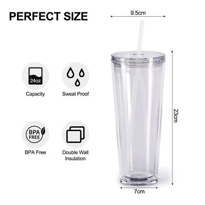Reusable Clear Cups 24oz Insulated Double Wall Plastic Tumbler with Lid and Straw