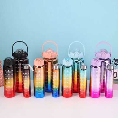Unisex 3 in 1 Motivational Time Marker Gradient Color Water Bottle Set 2000ml 900ml 500ml
