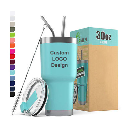 10*19.5CM Custom Logo Stainless Steel Double Wall Coffee Travel Mug with Straw and Lid