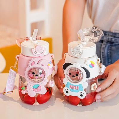 Kids Water Bottle Cartoon Cute Plastic Cup with Straw Type Portable Design
