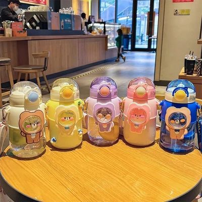 Kids Water Bottle Cartoon Cute Plastic Cup with Straw Type Portable Design