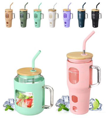 Custom Logo Reusable Glass Tumbler 32oz with Bamboo Lid Handle and Silicone Sleeve