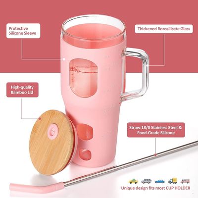 Custom Logo Reusable Glass Tumbler 32oz with Bamboo Lid Handle and Silicone Sleeve