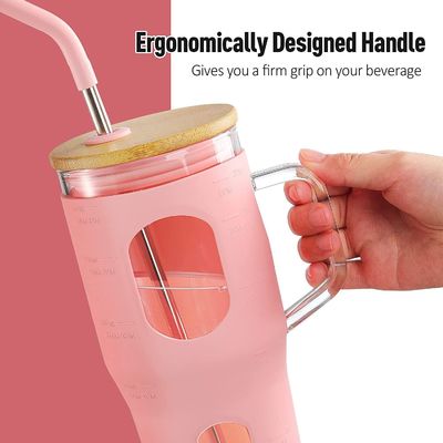 Custom Logo Reusable Glass Tumbler 32oz with Bamboo Lid Handle and Silicone Sleeve
