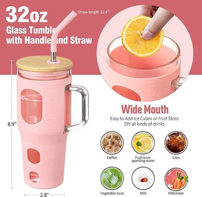 Custom Logo Reusable Glass Tumbler 32oz with Bamboo Lid Handle and Silicone Sleeve
