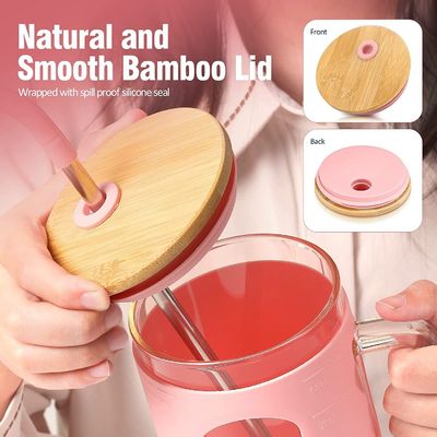 Custom Logo Reusable Glass Tumbler 32oz with Bamboo Lid Handle and Silicone Sleeve