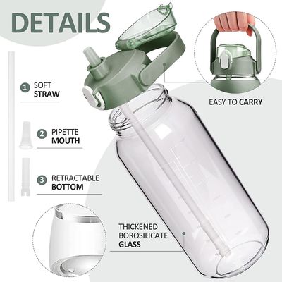 64 oz BPA-Free Glass Water Bottle with Straw and Time Marker Motivational Sports Bottle