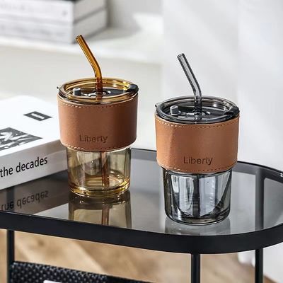 Clear Coffee Mugs WITH LID and Straws for BPA Free Leak-Proof Vintage Glass Tumbler