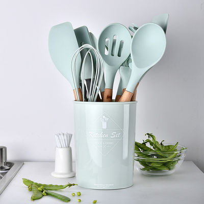 Outdoor Custom Logo Wooden Handle Espatulas Silicone Kitchen Utensil Spatula Set with Storage Bucket