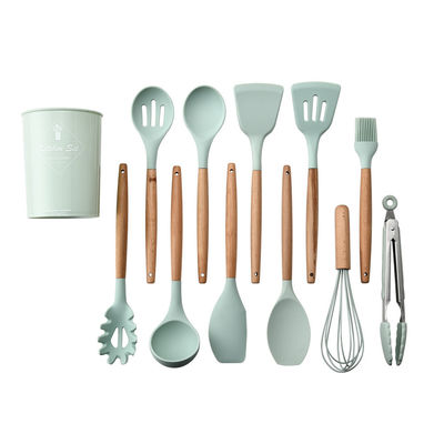 Outdoor Custom Logo Wooden Handle Espatulas Silicone Kitchen Utensil Spatula Set with Storage Bucket