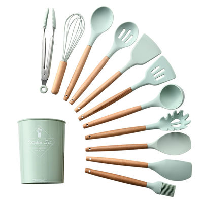 Outdoor Custom Logo Wooden Handle Espatulas Silicone Kitchen Utensil Spatula Set with Storage Bucket