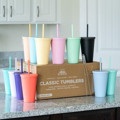 Custom AS PP Double Wall Colored Acrylic Matte Black Plastic Tumbler Cups With Lid And Straw