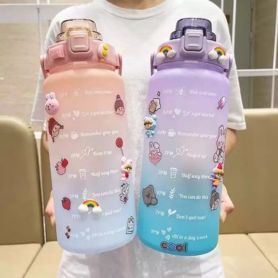 2L Motivational Time Marker Water Bottle with Straw and Stickers Gradient Color Durable