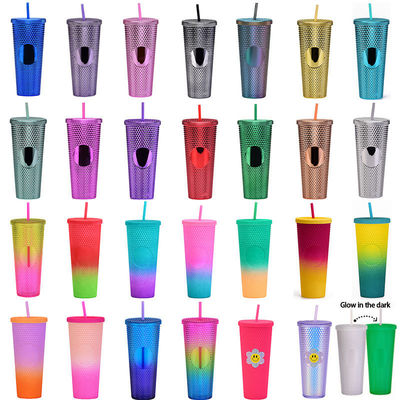 16oz 24oz Coffee Mug Double Wall Plastic Iridescent Matte Cups Tumbler with Straw