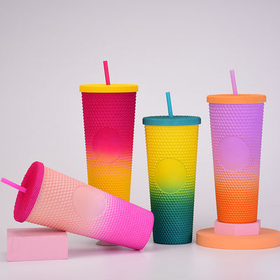 16oz 24oz Coffee Mug Double Wall Plastic Iridescent Matte Cups Tumbler with Straw