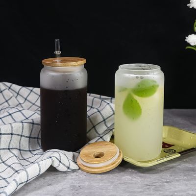 12oz/16oz/25oz Glass Milk Mug Sublimation Beer Can Shaped Cup with Bamboo Lid and Straw