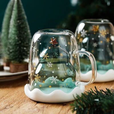300ml Glass Christmas Double Wall Mugs with Cute Design and Custom Logo Gift Boxed