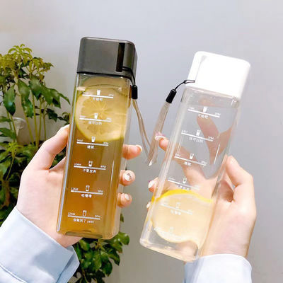Back to School Essential Clear Frosted Square Portable Plastic Water Bottle with Rope