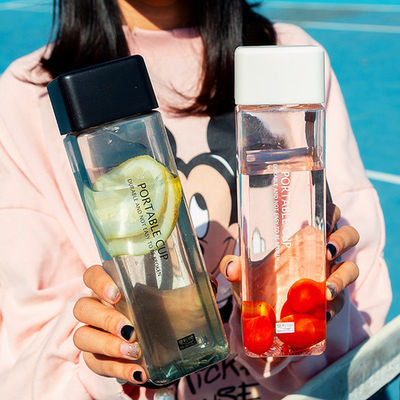 Back to School Essential Clear Frosted Square Portable Plastic Water Bottle with Rope