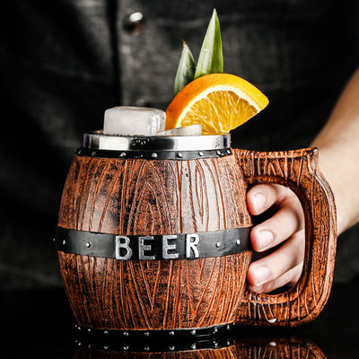 550ml Wooden Handle Stainless Steel Beer Coffee Mug with 304 Inner and ABS Outer