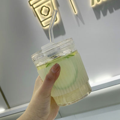 Transparent Clear 350ml Glass Juice Coffee Milk Cup with Strew and Silicone Sleeve