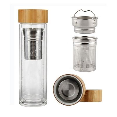 High Borosilicate 350ml Glass Water Bottle with Tea and Water Separation Cup Infuser Included