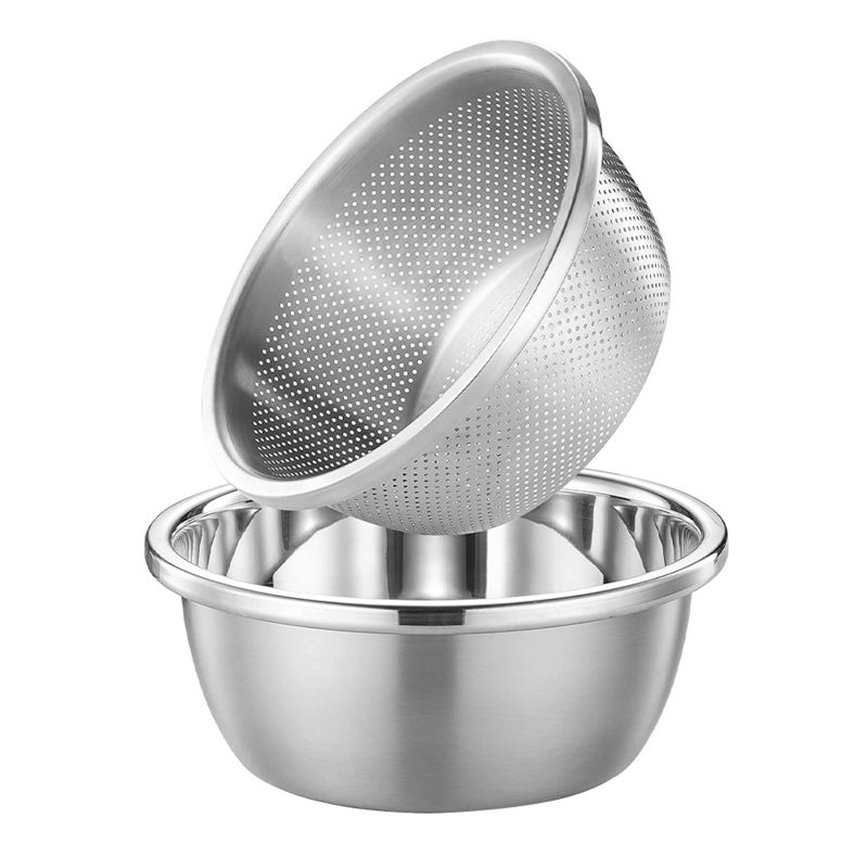 Customized Logo Versatile Kitchen Strainer 304 Stainless Steel Microporous Colander Rice Washing Bowl Set 550g