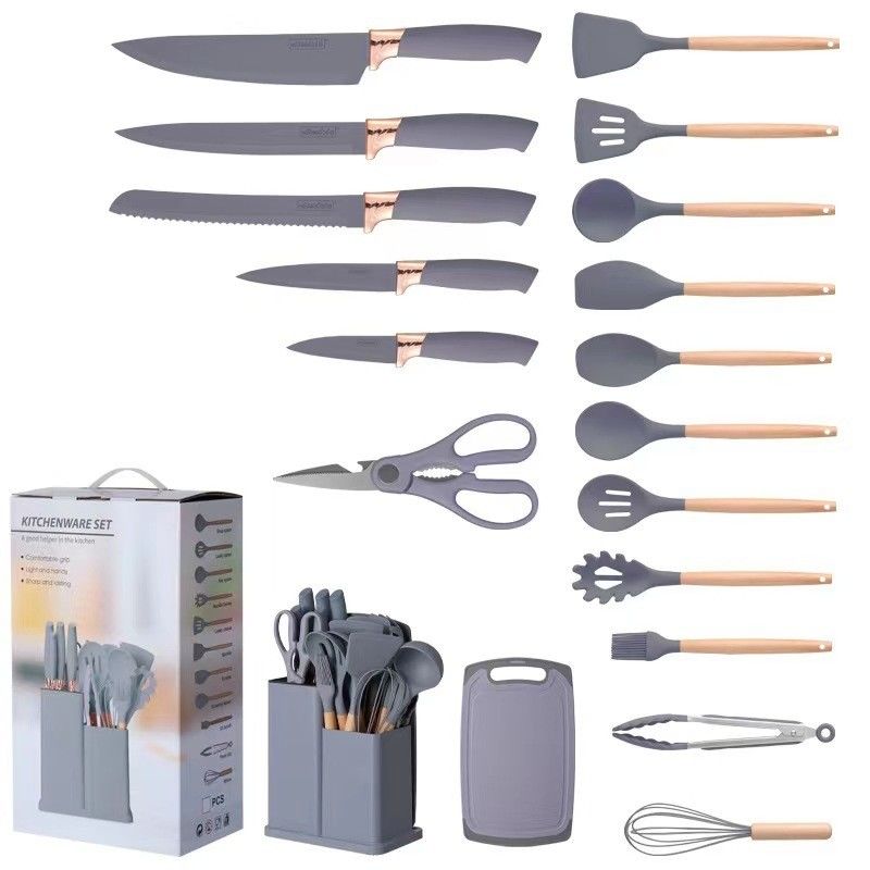 Wooden Handle 19-Piece Silicone Kitchen Utensil Set with Cutting Board Storage Bucket