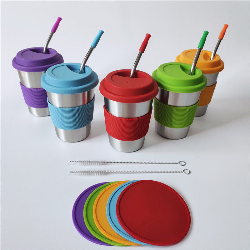 1 Piece 12oz Kids Stainless Steel Milk Mugs with Colorful Silicone Lids and Straws
