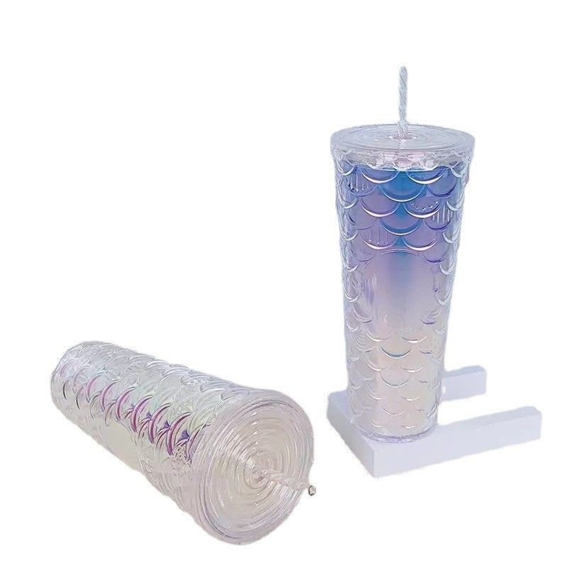 Water Flowing Method Creative Straw Mug Plastic Double Layer Flash Pink Fish Scale Cups