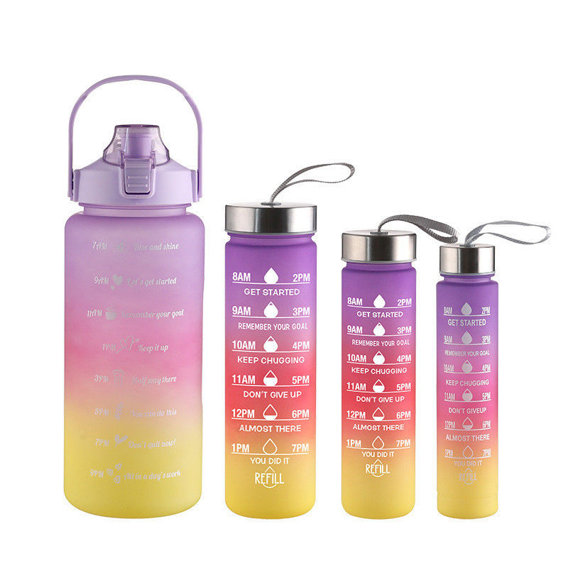 PP Food Grade Lid 4 Pcs Plastic Sport Water Bottles with Straw and Stickers for Gym Fitness