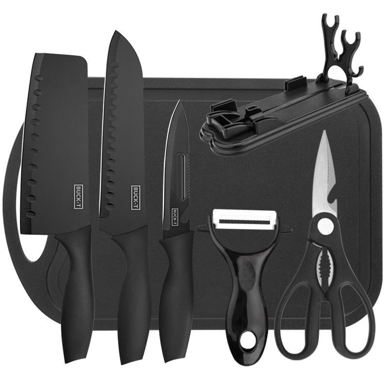 7-Piece Stainless Steel Chef Knife Set with Plastic Chopping Block and Board Holder