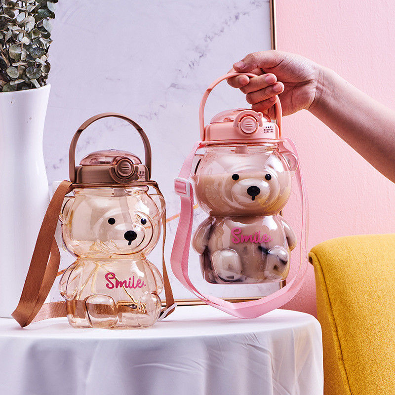 Summer Students' Must-Have Cute Teddy Bears Water Bottle with Straw and Large Capacity