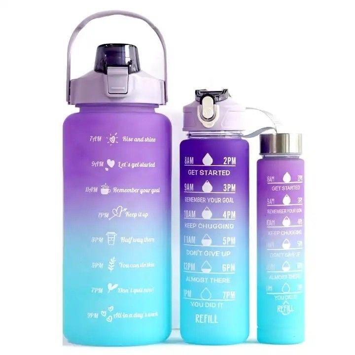 Unisex 3 in 1 Motivational Time Marker Gradient Color Water Bottle Set 2000ml 900ml 500ml